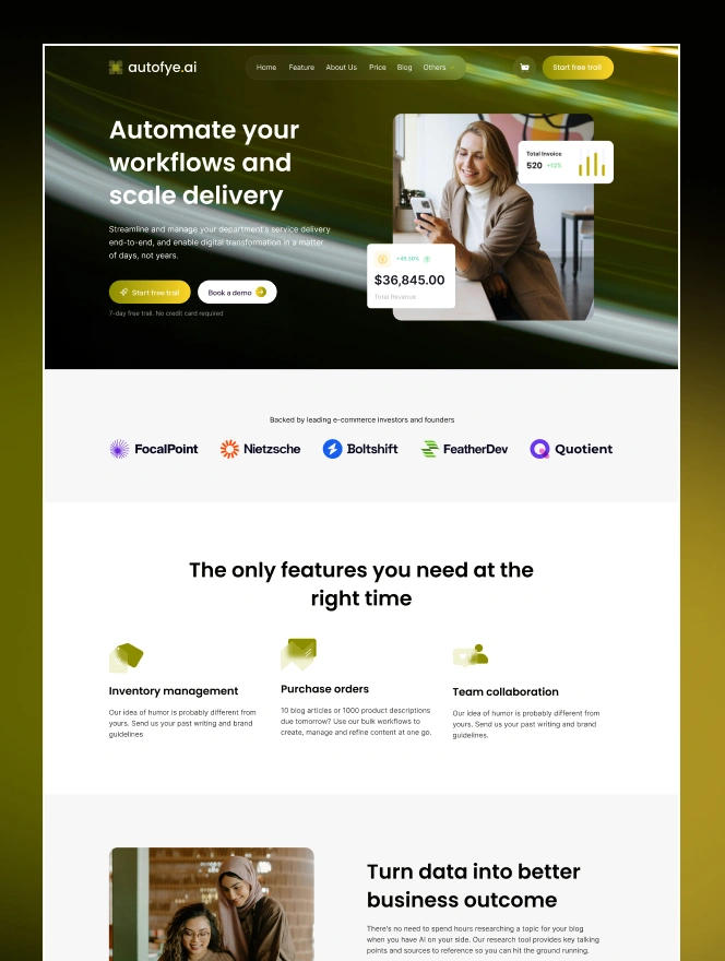 Autofye is a modern website designed for SaaS product & businesses. It features robust pages to showcase feature, about, pricing with checkout & blog pages. Autofye can help professional service or products stand out in the market.