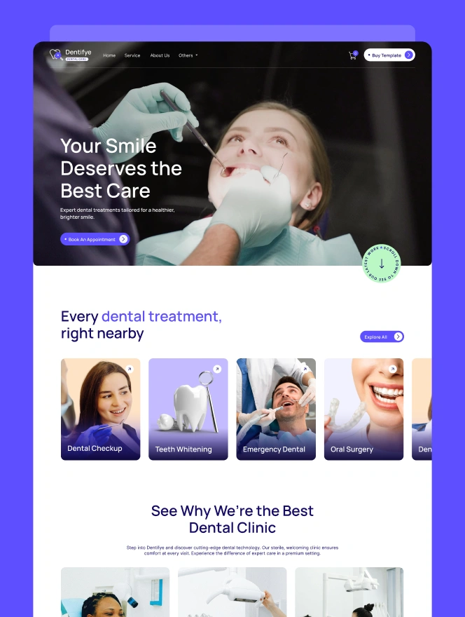 Dentifye is a dental template designed for medical professionals looking to amp up their website. Dentifye offers a unique & modern design to outshine any other medical service websites