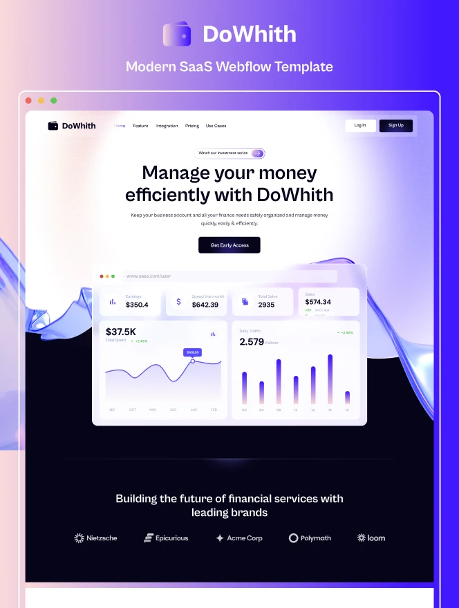 Create a compelling website for your app and financial services using DoWhith. Beautifully designed Template for tech startup or a SaaS ventures with a distinct design and a well thought-out structure for services, team, and blog pages.