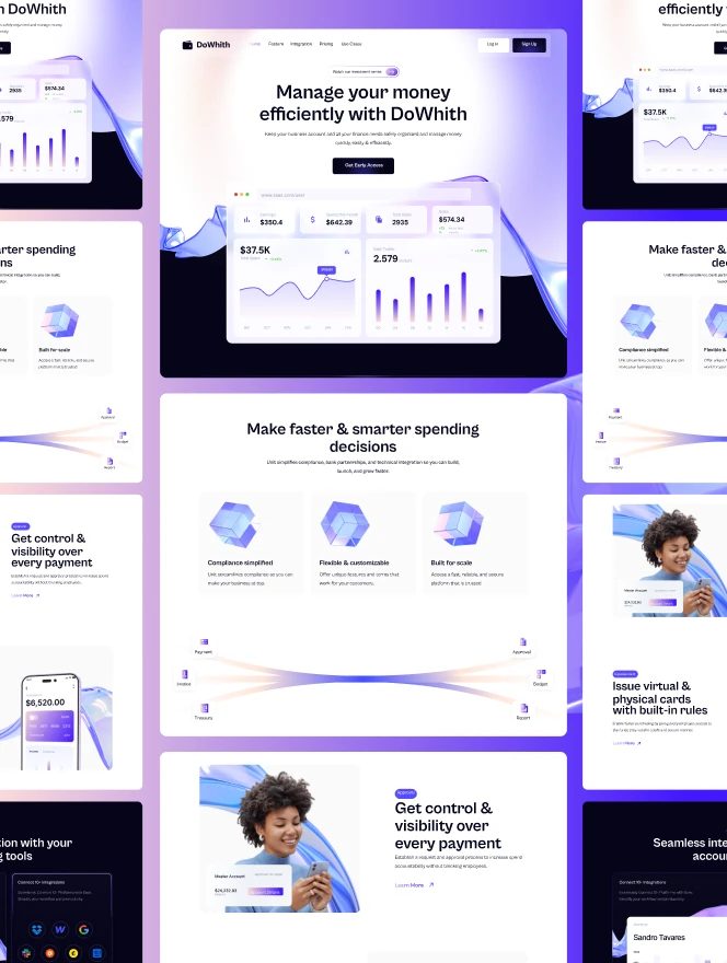 Create a compelling website for your app and financial services using DoWhith. Beautifully designed Template for tech startup or a SaaS ventures with a distinct design and a well thought-out structure for services, team, and blog pages.