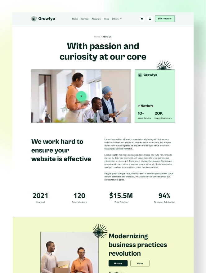 Growfye is a sleek, modern, and fully responsive website template tailored for professional service providers, consulting firms, and corporate businesses. With a clean design, easy customization, and seamless user experience, Growfye helps you showcase expertise, build credibility, and attract clients effortlessly.