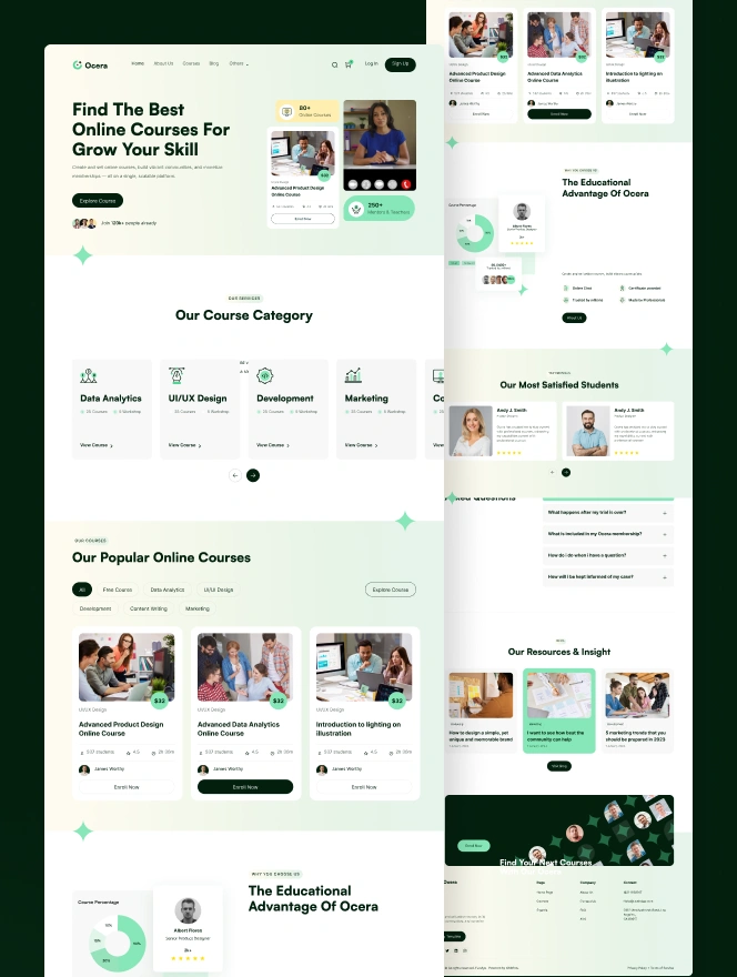 Ocera is the ultimate template designed for online learning platforms. With well thought-out layouts to demonstrate different courses, course details & expert mentors, Ocera can be the ideal design template to start your edtech platform.