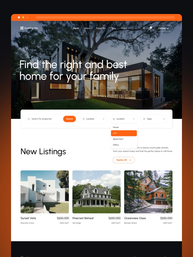 RealtiFye Pro is a modern website template design for real estate & properties, to list, showcase & search beautiful homes. This premium template is catered toward real estate & property businesses.