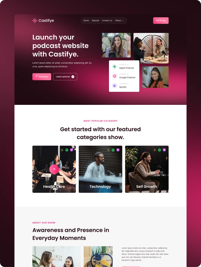 Castifye is a modern Webflow template tailored for podcasts and creators. It's SEO-friendly, responsive, and equipped with CMS integration, allowing easy management of episodes, and more.