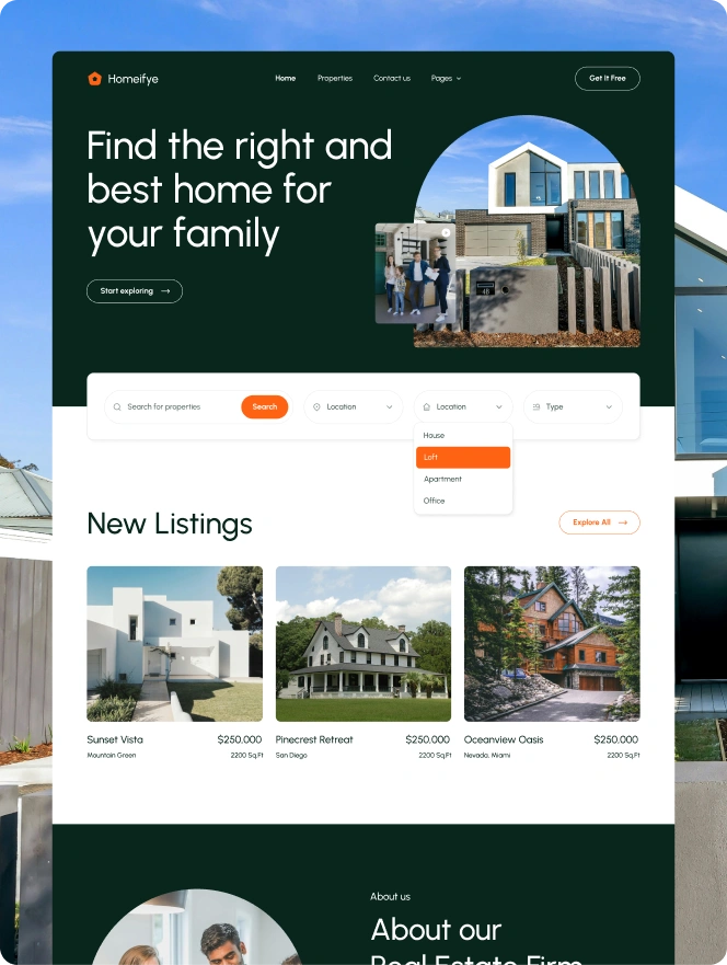 Transform your real estate business with Homeifye, a user-friendly Webflow template designed with integrated CMS. Perfect for showcasing properties, and services, all while being fast and fully responsive.